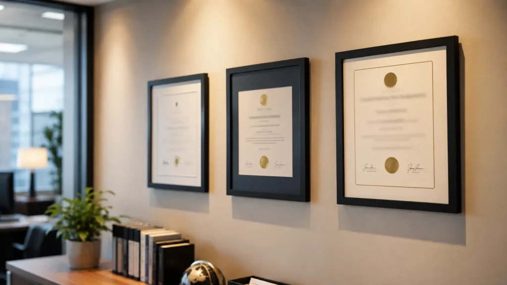 Framed professional designations including CMCA, AMS, and PCAM credentials for Florida community association managers