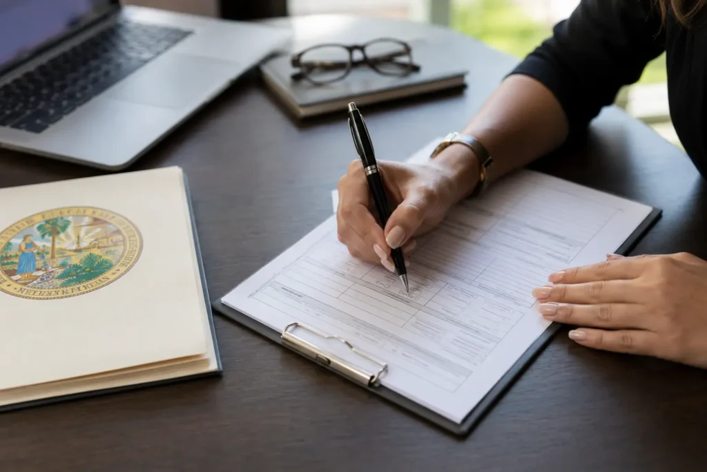 Professional completing a Florida DBPR CAM license application as part of the community association manager licensing process