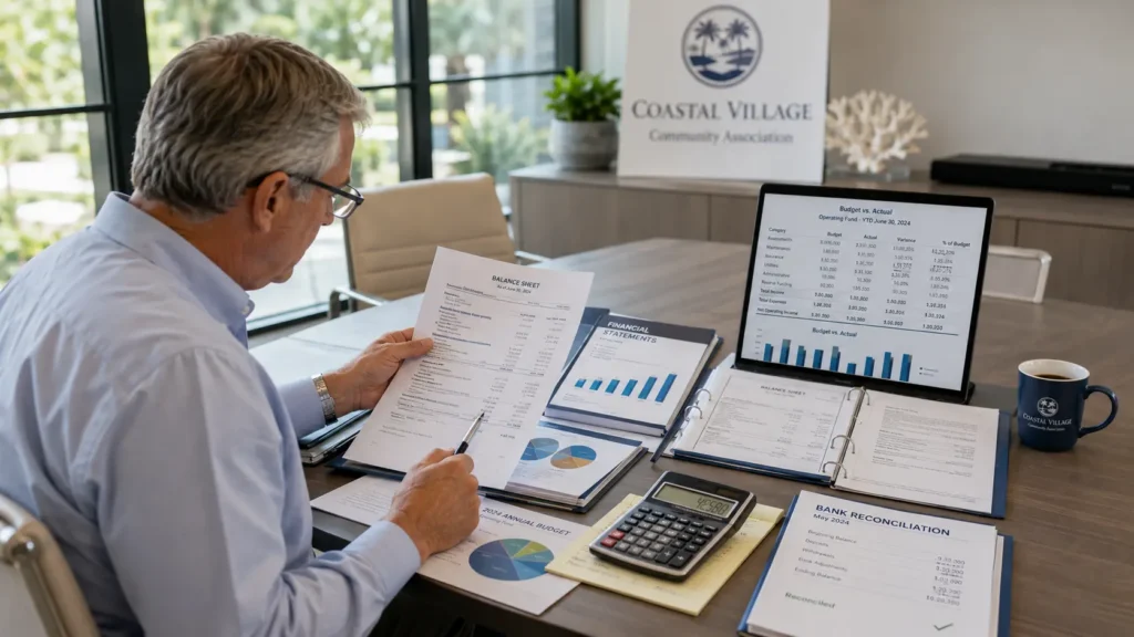 HOA board reviewing financial reports, budgets, and accounting documents to ensure proper community financial oversight.