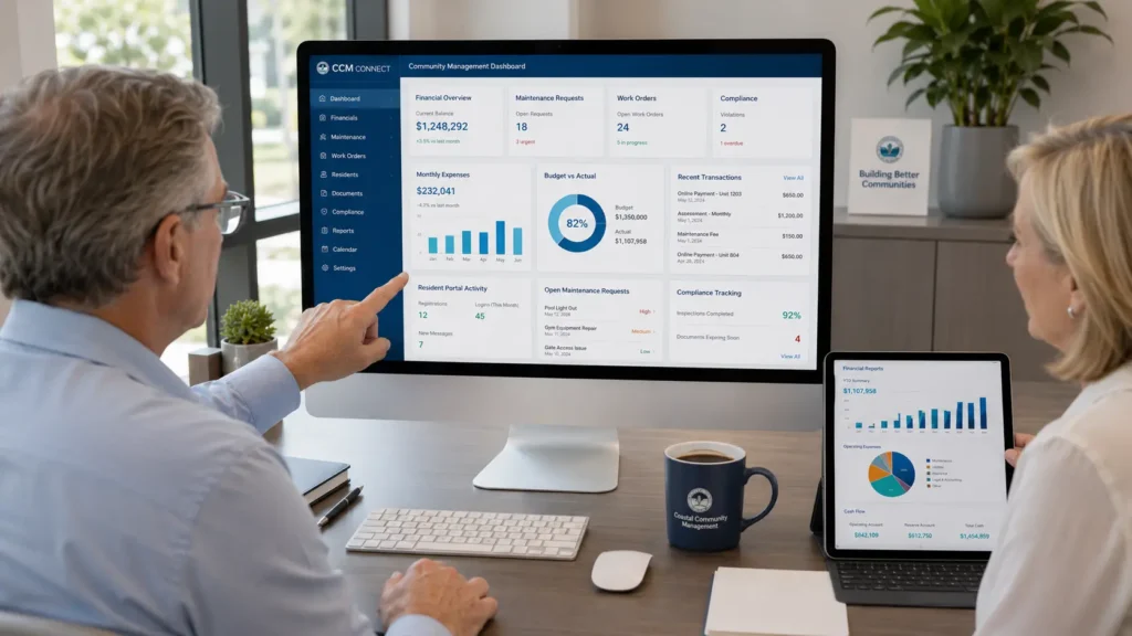 Modern HOA management software showing resident portal, financial reports, work orders, and online services for Florida communities.