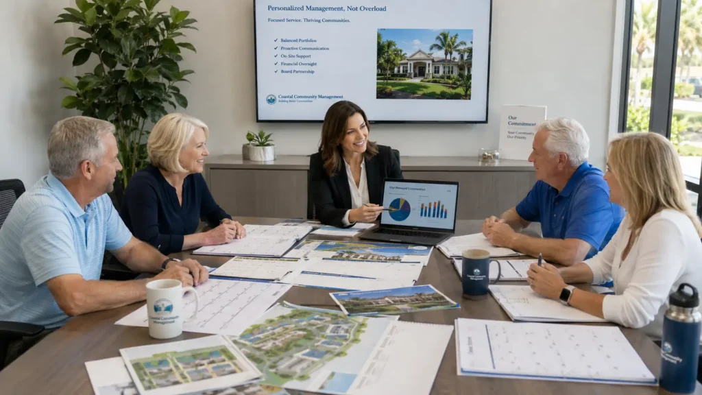 HOA board reviewing a Florida community manager's portfolio and workload before selecting a management company.