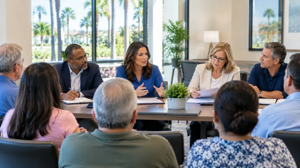 HOA board members listening to residents' concerns during an open meeting.